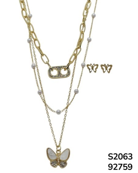 S2063 Conjunto de Cadena doble con Dije de Mariposa con detalles de Concha Nacar y aretes a juego.