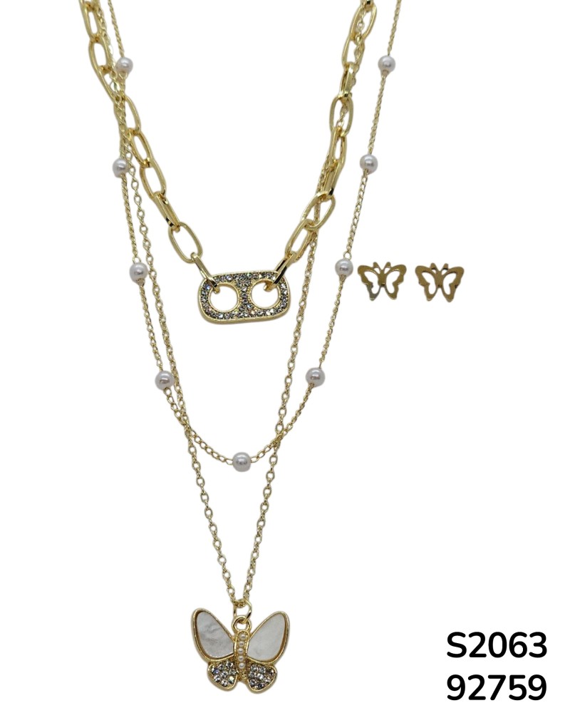 S2063 Conjunto de Cadena doble con Dije de Mariposa con detalles de Concha Nacar y aretes a juego.