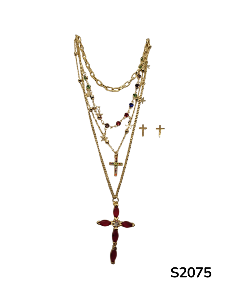 S2075 Cadena cuatruple con dijes de estrellas y cruces