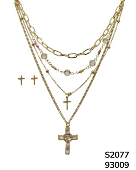 S2077 Conjunto de Cadena cuatruple con aretes y dije de Cruz