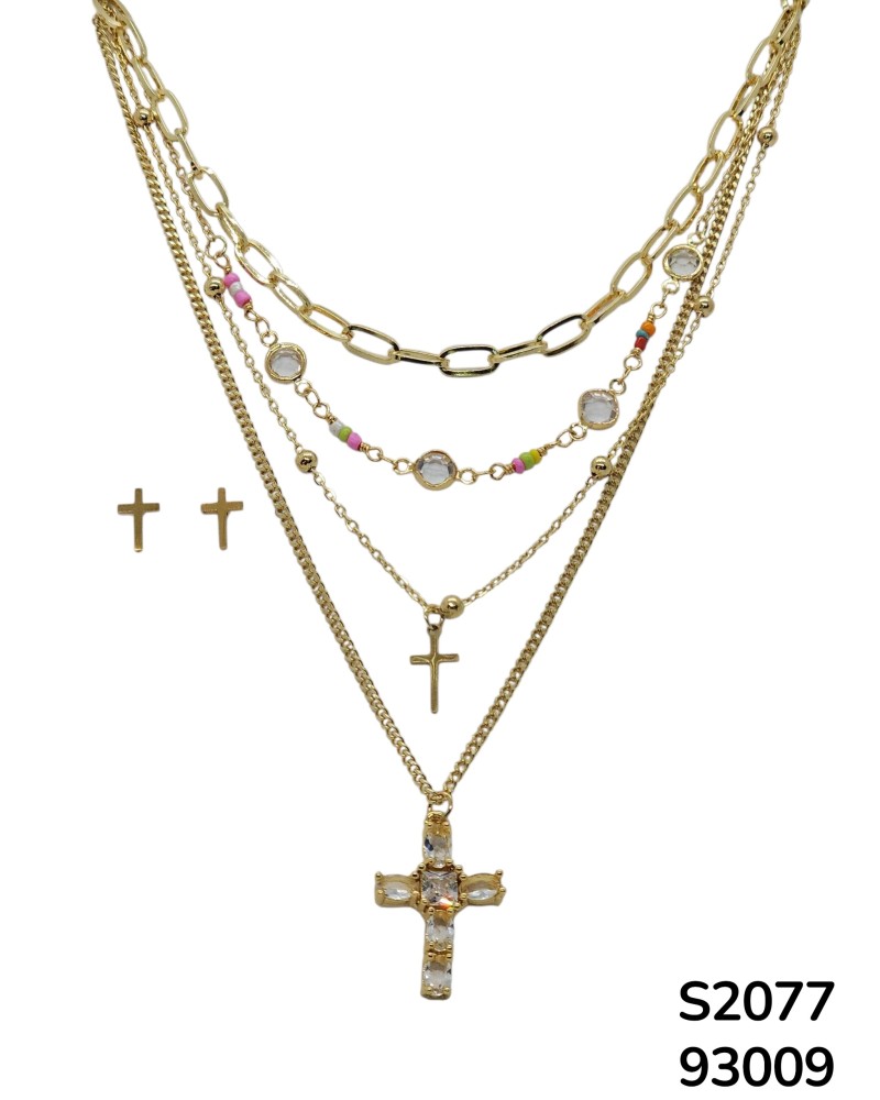 S2077 Conjunto de Cadena cuatruple con aretes y dije de Cruz