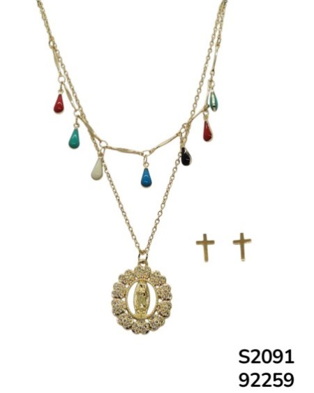 S2091 Cadena doble con dijes religioso de la Virgen de Guadalupe y aretes de cruz