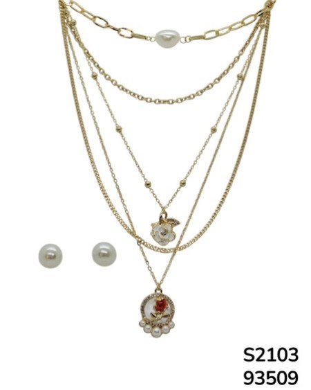 S2103 Conjunto de Cadena quintuple o Multicapa con Perlas y Dijes Florales y aretes que  hacen juego
