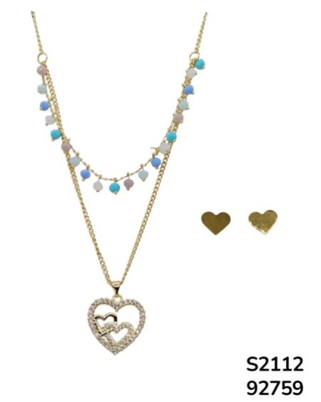 S2112 Conjunto de Cadena doble con dije de corazón y cuentas en tonos pastel