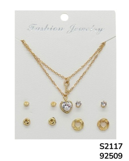 S2117 Conjunto de Cadena doble con dije de corazón y múltiples aretes