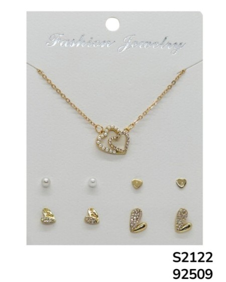 S2122 Conjunto de joyería con dije de corazón doble  y múltiples aretes