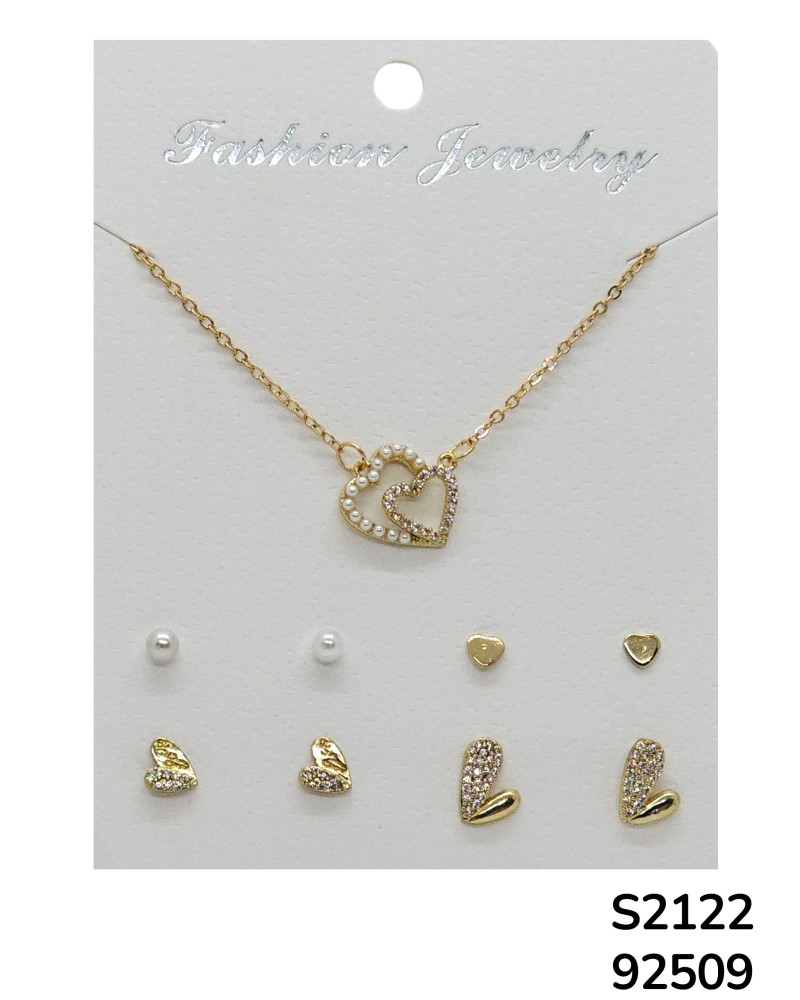S2122 Conjunto de joyería con dije de corazón doble  y múltiples aretes