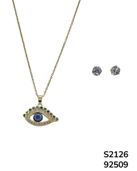 S2126 Conjunto de Cadena con dije de Ojo Turco y aretes de cristal facetado.