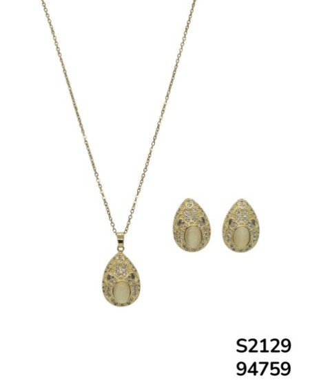 S2129 Conjunto de cadena con dije y aretes de lágrima y detalles de cristal