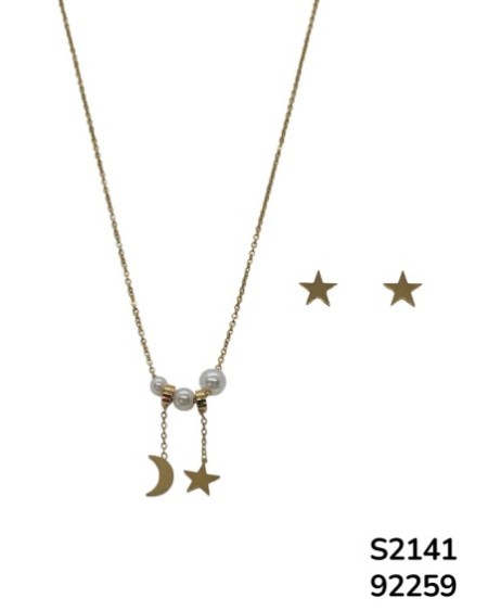 S2141 Conjunto de cadena con dijes de luna y estrella y aretes a juego.