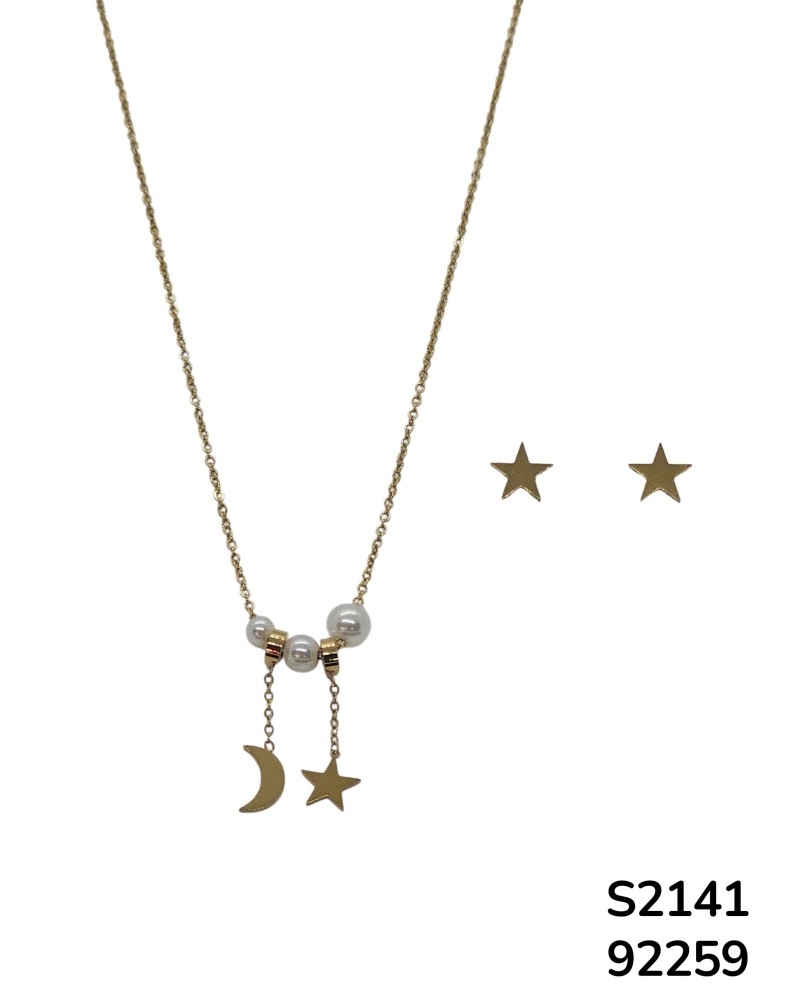 S2141 Conjunto de cadena con dijes de luna y estrella y aretes a juego.