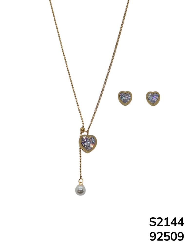 S2144 Conjunto de cadena con dije y aretes de cristal en forma de corazón