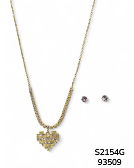 S2154 Conjunto de cadena con corazón pixelado y aretes de cristal.