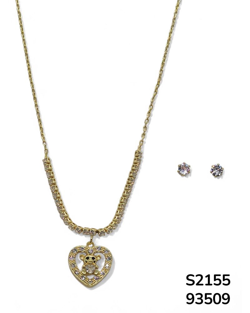 S2155 Conjunto de cadena con colgante de corazón y aretes de cristal.
