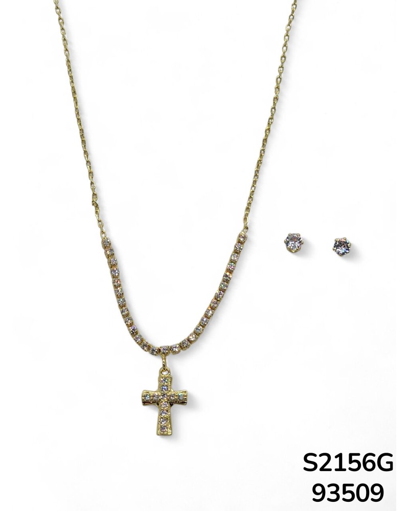 S2156 Conjunto de cadena con colgante de cruz elegante y aretes de cristal.