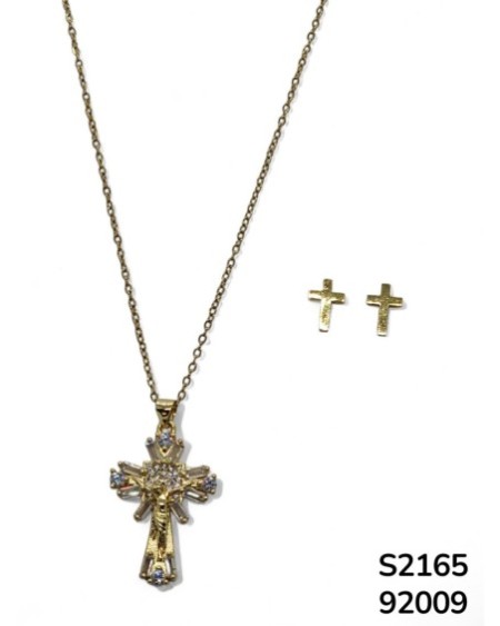 S2165 Conjunto de cadena con colgante de crucifijo brillante y aretes de cristal.