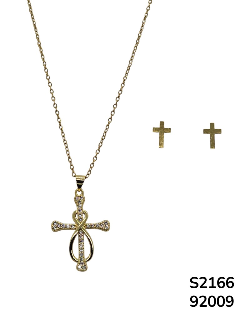 S2166 Conjunto de Cadena con colgante de cruz e infinito enlazado y aretes a juego.