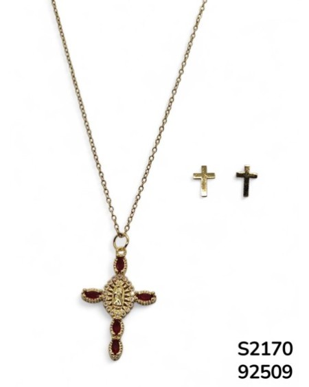 S2170 Conjunto de cadena con colgante de cruz con imagen de la Virgen de Guadalupe y gema roja