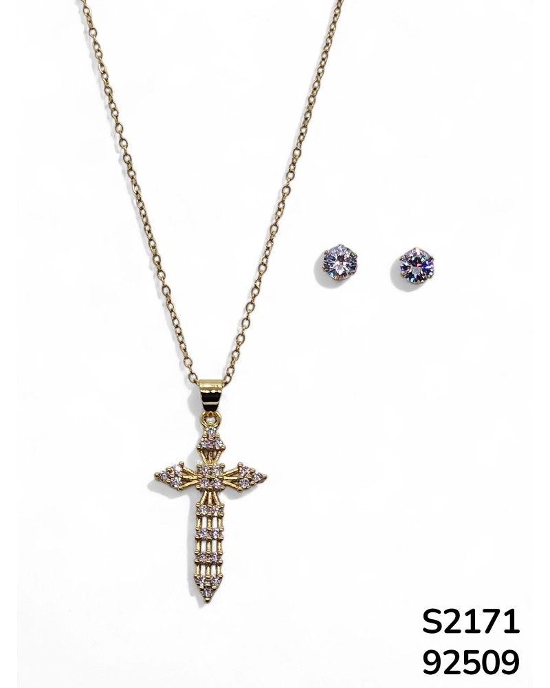 S2171 Conjunto de joyería con cruz ornamentada y aretes de cristal.