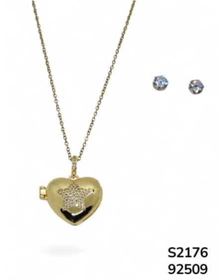 S2176 Conjunto de cadena con relicario de corazón y estrella y aretes de cristal facetado