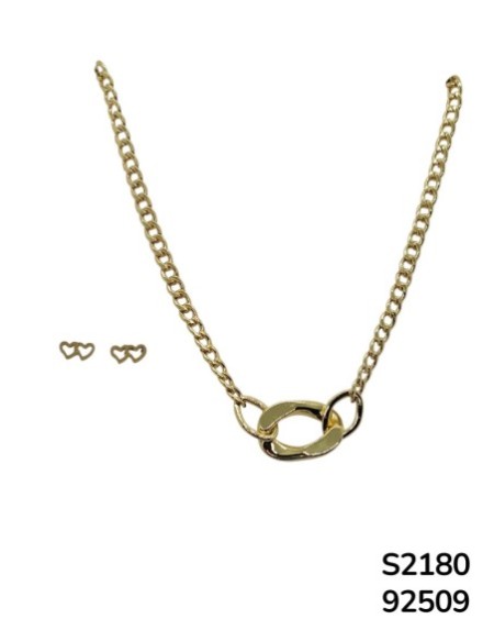S2180 Conjunto de cadena con gruesa con eslabones grandes y enlazados en el centro con aretes de doble corazón