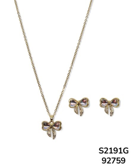 S2191 Conjunto de aretes y cadena con dije de moño con cristales.