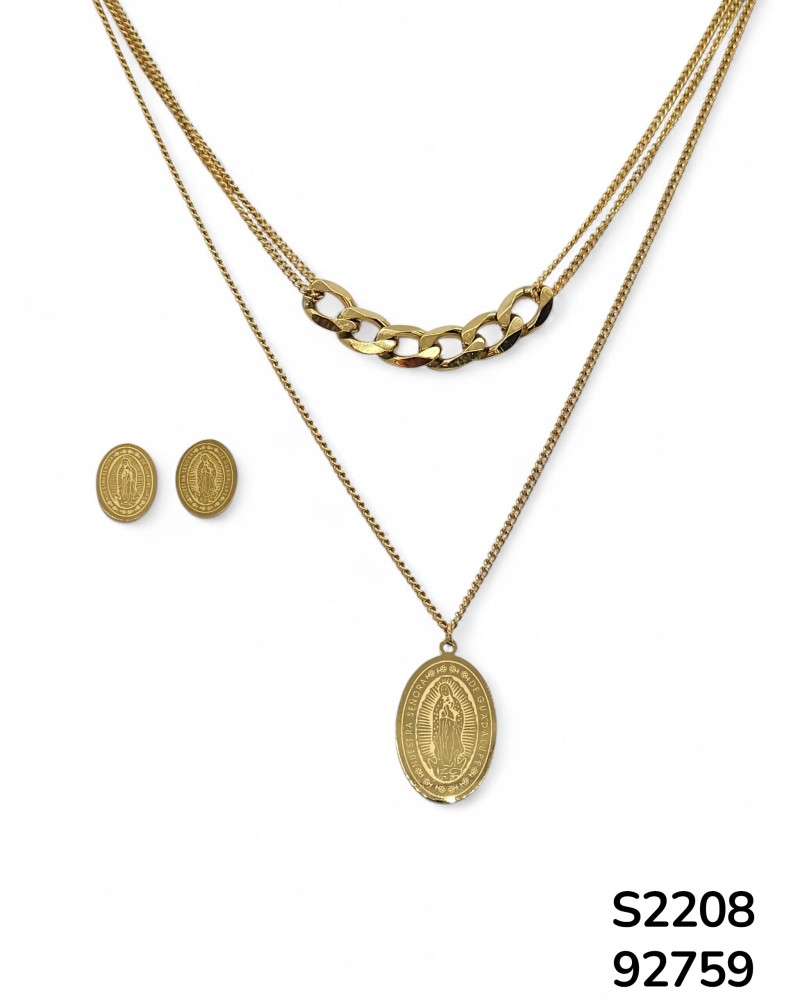 S2208  Conjunto de cadena doble con dije de la Virgen de Guadalupe y aretes a juego