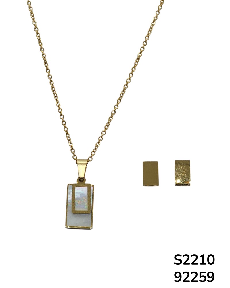 S2210 Conjunto de Cadena con dije Rectangular con Concha Nacar y Aretes  en forma de rectangulos lisos.