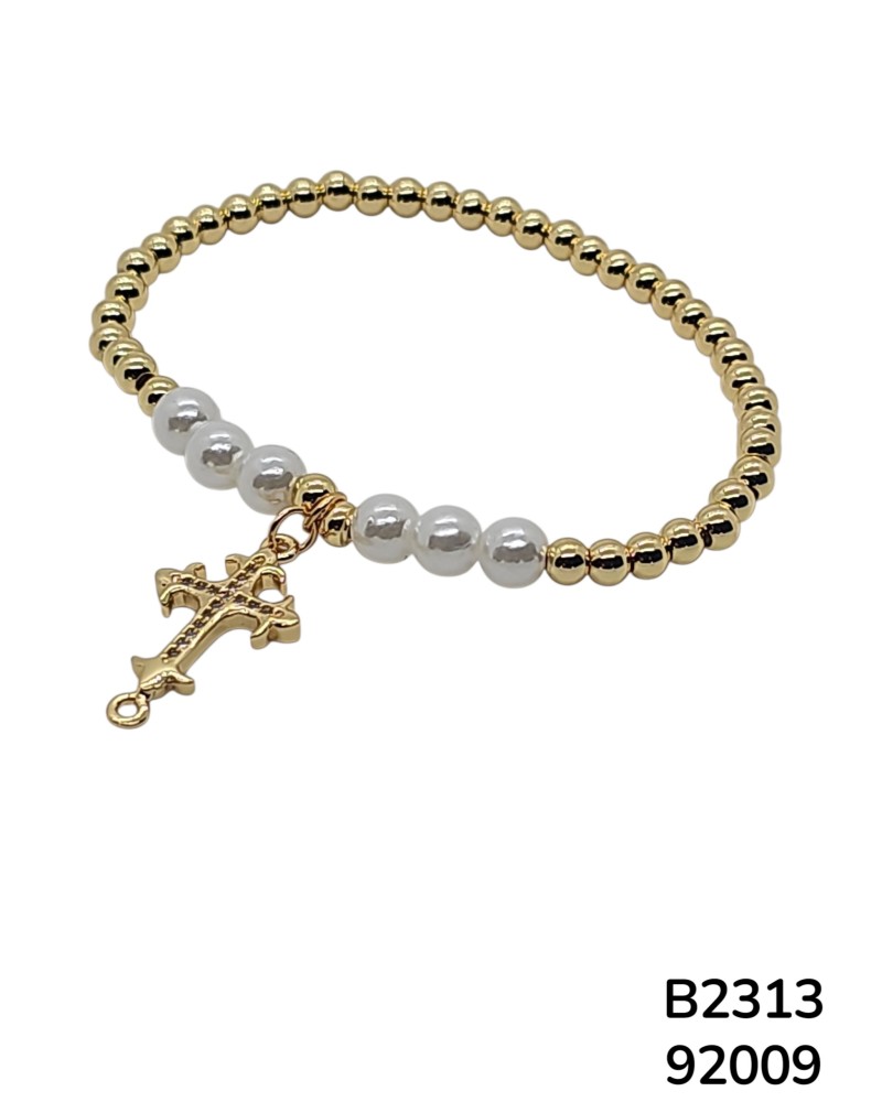 B2313 Pulsera de Perlas y Cuentas Doradas con Dije de Cruz